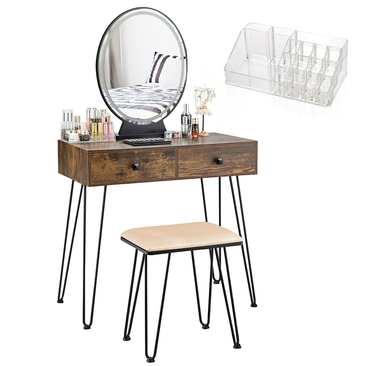 Industrial Makeup Dressing Table, 3 Lighting Modes, Rustic Brown Makeup Vanities at Gallery Canada
