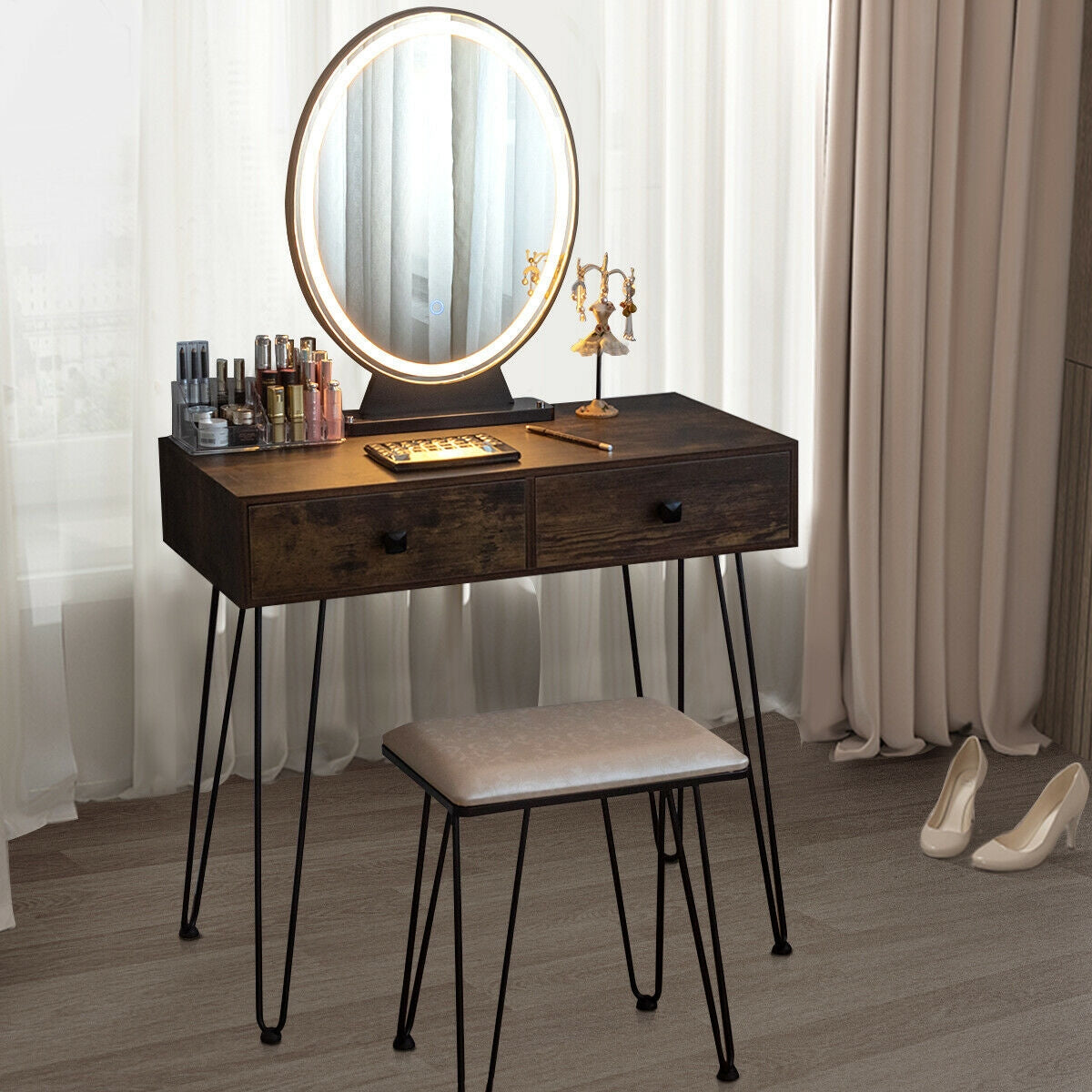 Industrial Makeup Dressing Table, 3 Lighting Modes, Rustic Brown Makeup Vanities at Gallery Canada