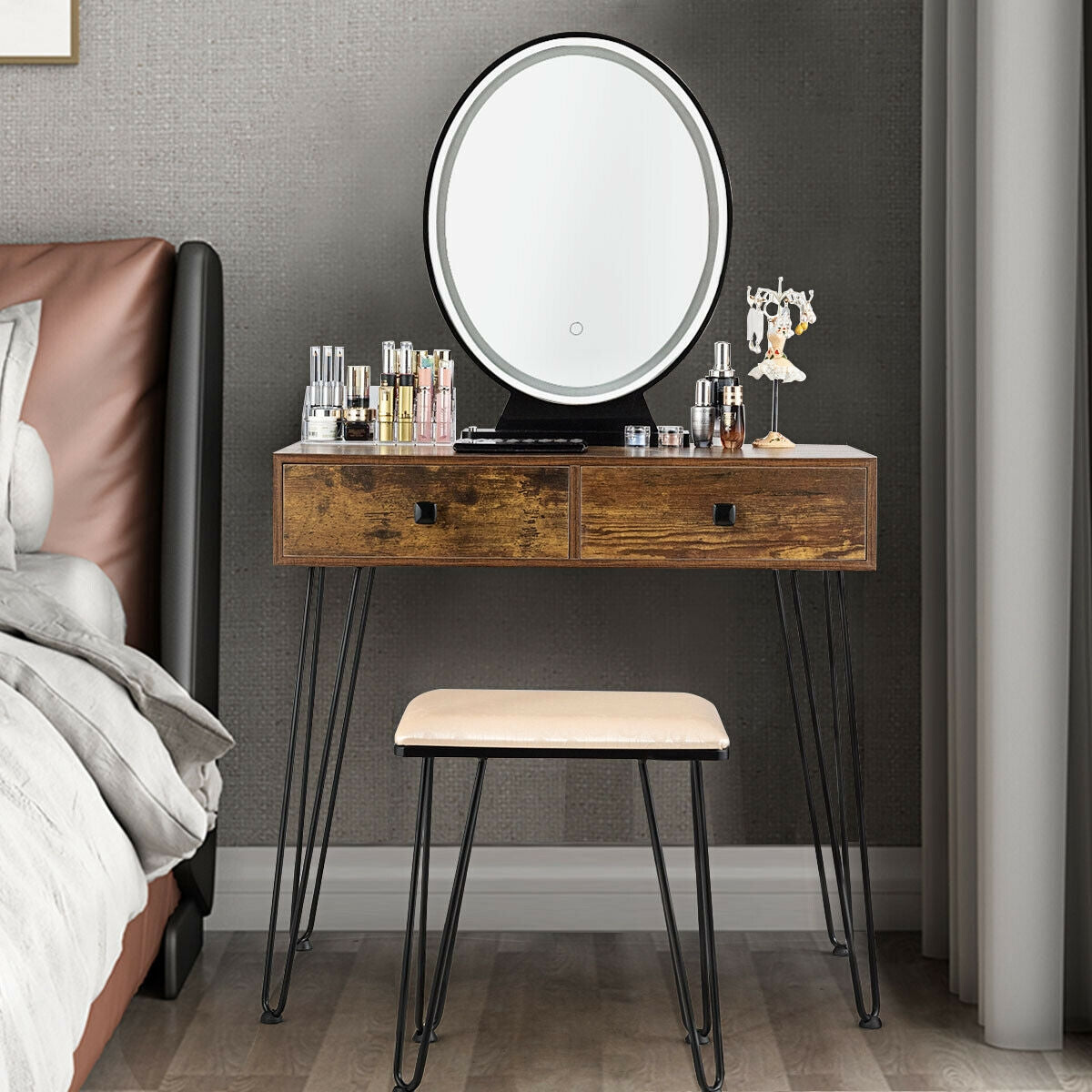 Industrial Makeup Dressing Table, 3 Lighting Modes, Rustic Brown Makeup Vanities at Gallery Canada