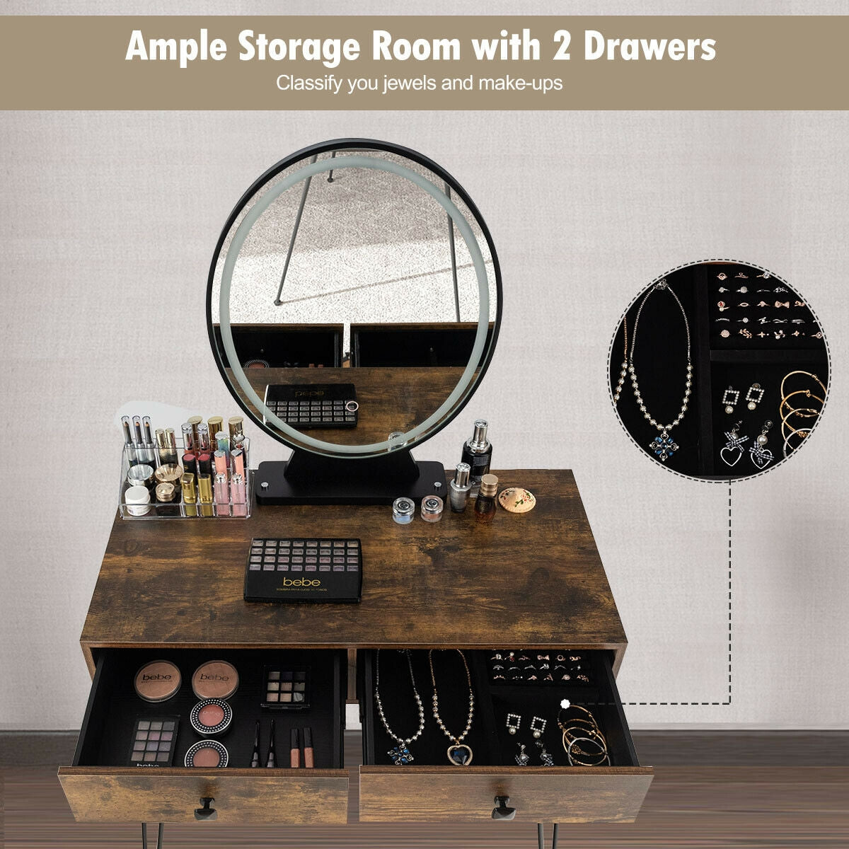 Industrial Makeup Dressing Table, 3 Lighting Modes, Rustic Brown Makeup Vanities at Gallery Canada