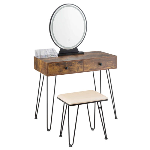 Industrial Makeup Dressing Table, 3 Lighting Modes, Rustic Brown
