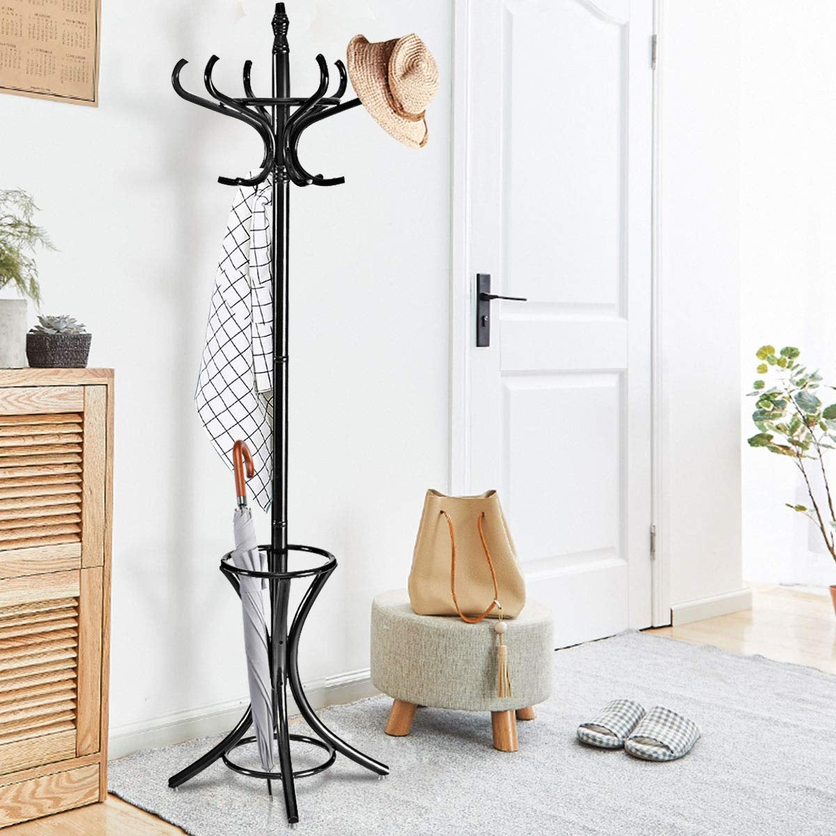 Wood Standing Hat Coat Rack With Umbrella Stand, Black Coat Racks & Hall Trees at Gallery Canada