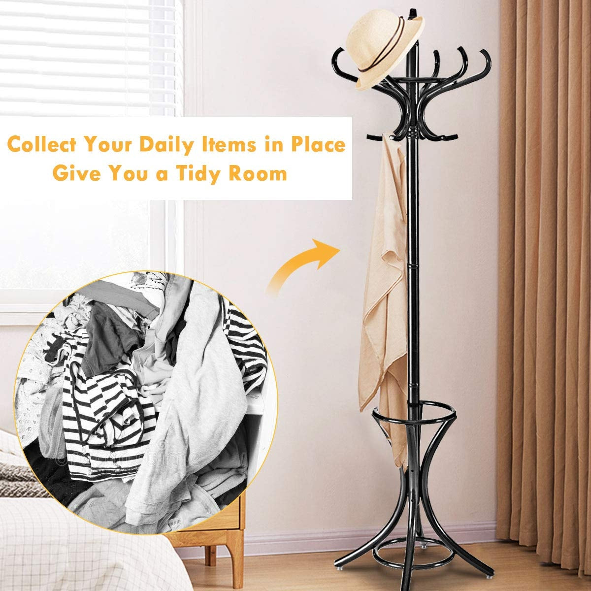 Wood Standing Hat Coat Rack With Umbrella Stand, Black Coat Racks & Hall Trees at Gallery Canada