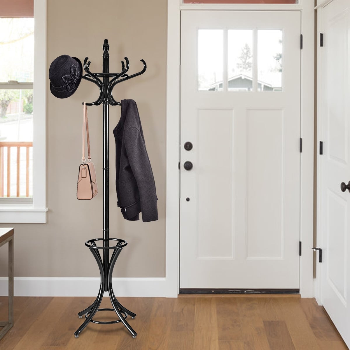 Wood Standing Hat Coat Rack With Umbrella Stand, Black Coat Racks & Hall Trees at Gallery Canada