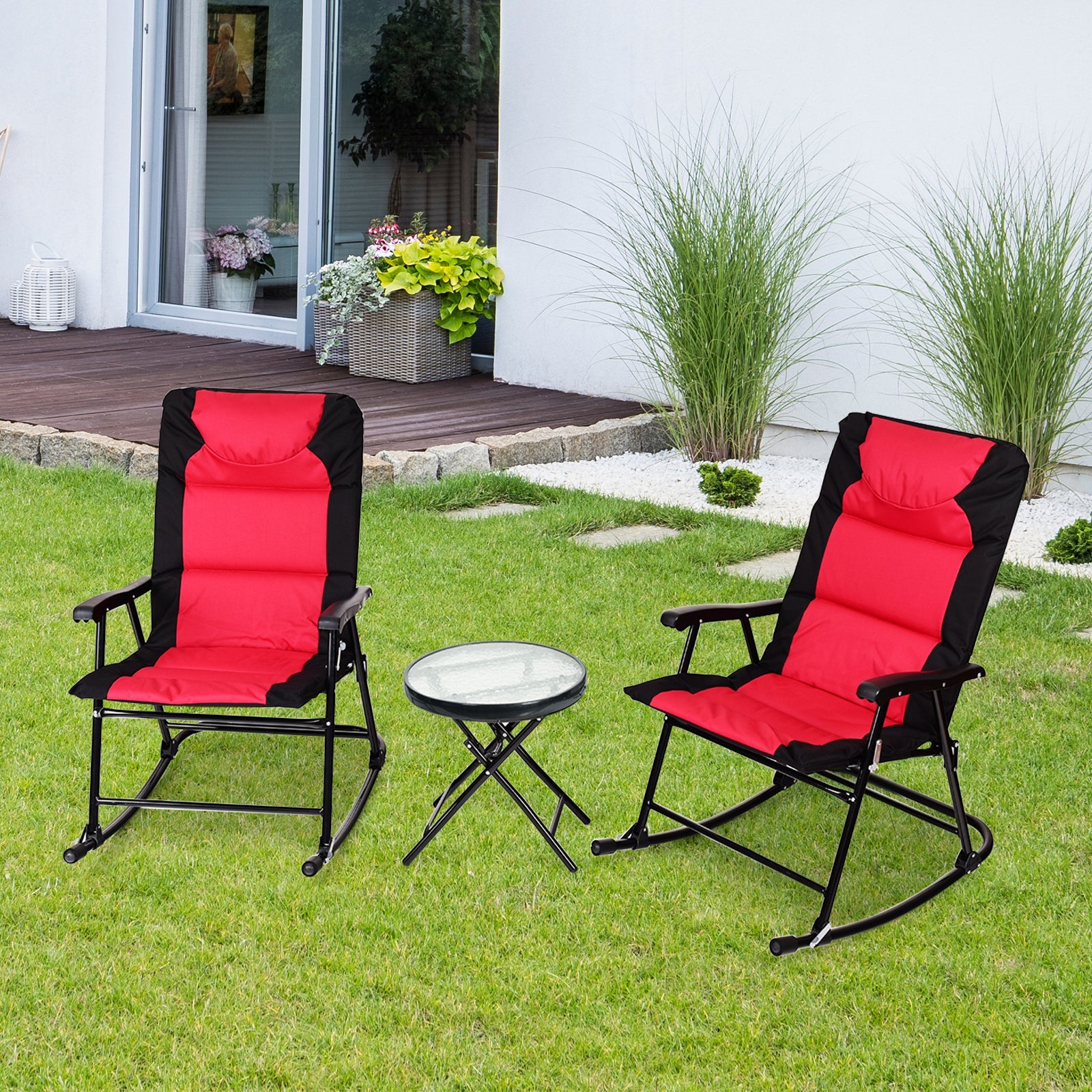 Outdoor Folding Rocking Chair Table Set, 3 Pieces, Red Patio Conversation Sets at Gallery Canada
