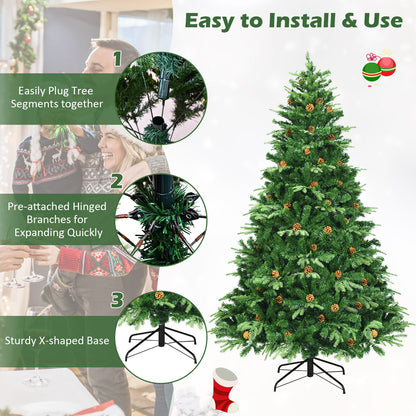 7.5 ft Artificial Christmas Tree, LED Lights, Pine Cones, Green Christmas Tree at Gallery Canada
