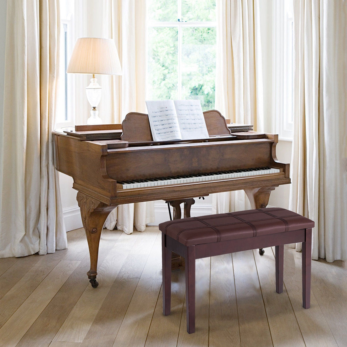 Solid Wood PU Leather Piano Double Duet Keyboard Bench, Brown Pianos & Keyboards at Gallery Canada