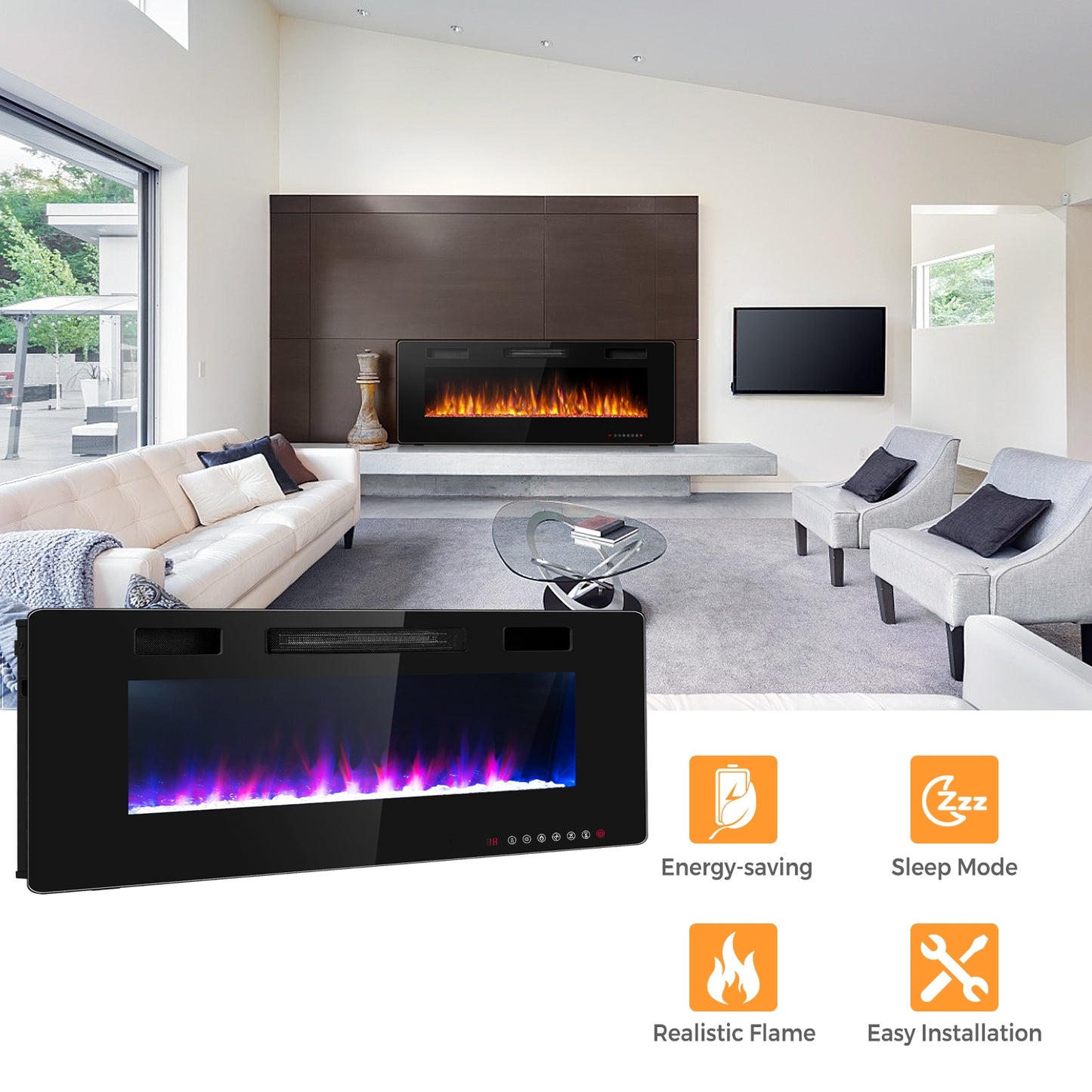 60 Inch Ultra Thin Electric Fireplace, 2 Heat Settings, Black Fireplaces at Gallery Canada