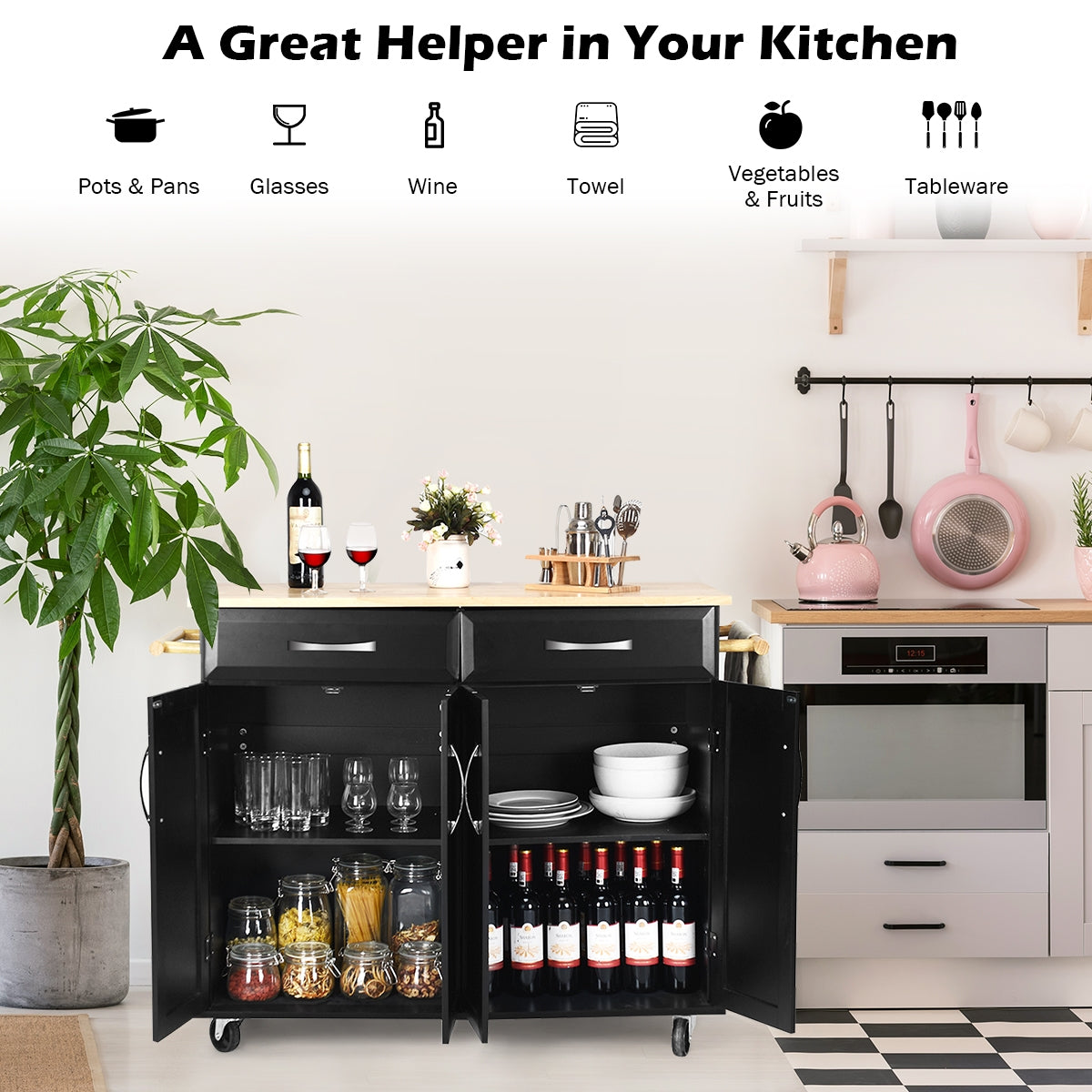 Wood Top Rolling Kitchen Trolley Island Cart, Black Kitchen Islands & Carts at Gallery Canada