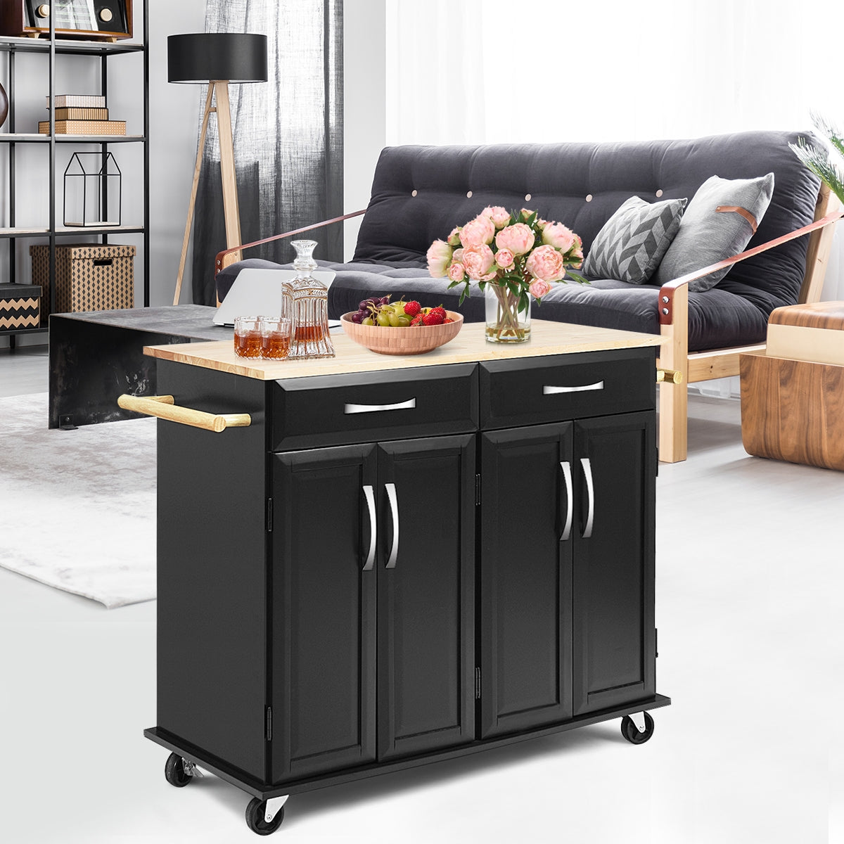 Wood Top Rolling Kitchen Trolley Island Cart, Black Kitchen Islands & Carts at Gallery Canada