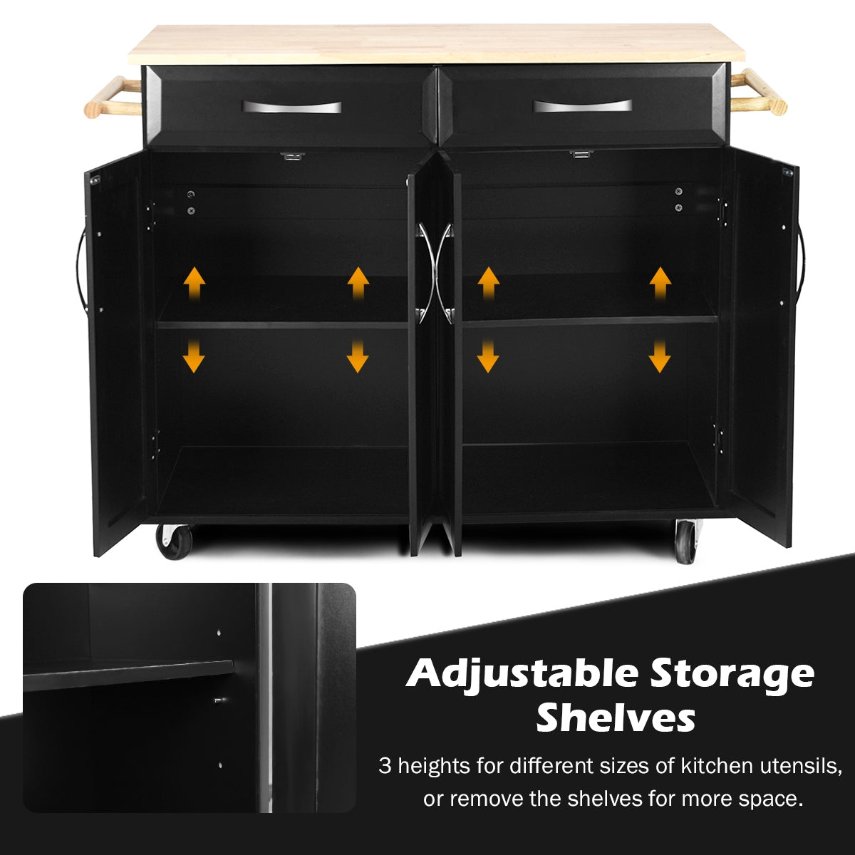 Wood Top Rolling Kitchen Trolley Island Cart, Black Kitchen Islands & Carts at Gallery Canada