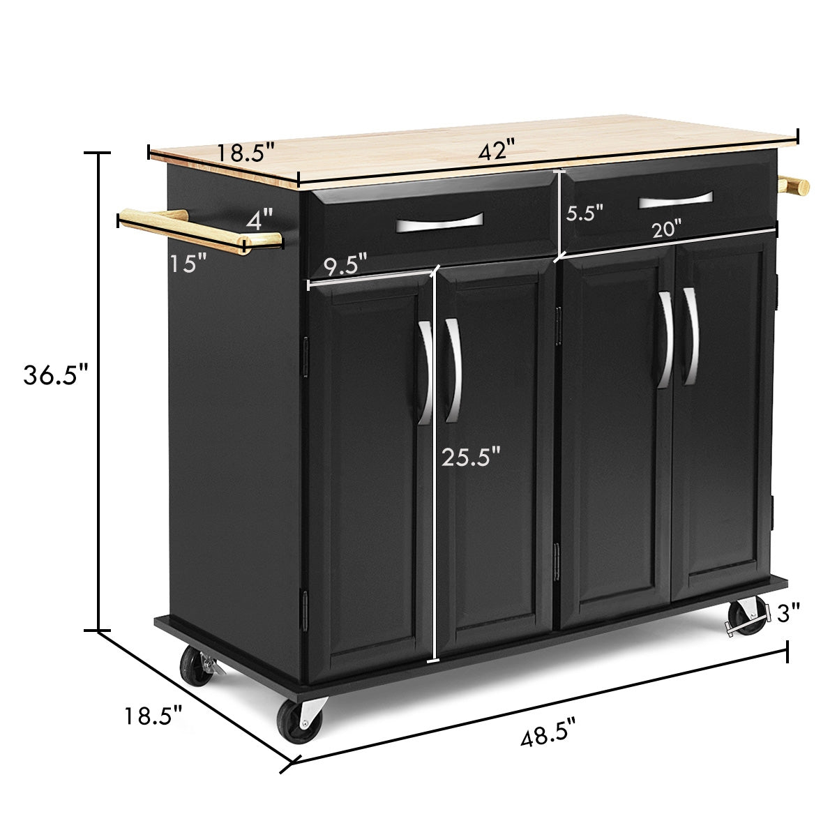 Wood Top Rolling Kitchen Trolley Island Cart, Black Kitchen Islands & Carts at Gallery Canada