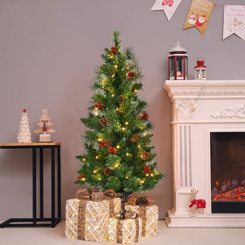 LED Christmas Tree, Red Berries, Pine Cones, 3', Green