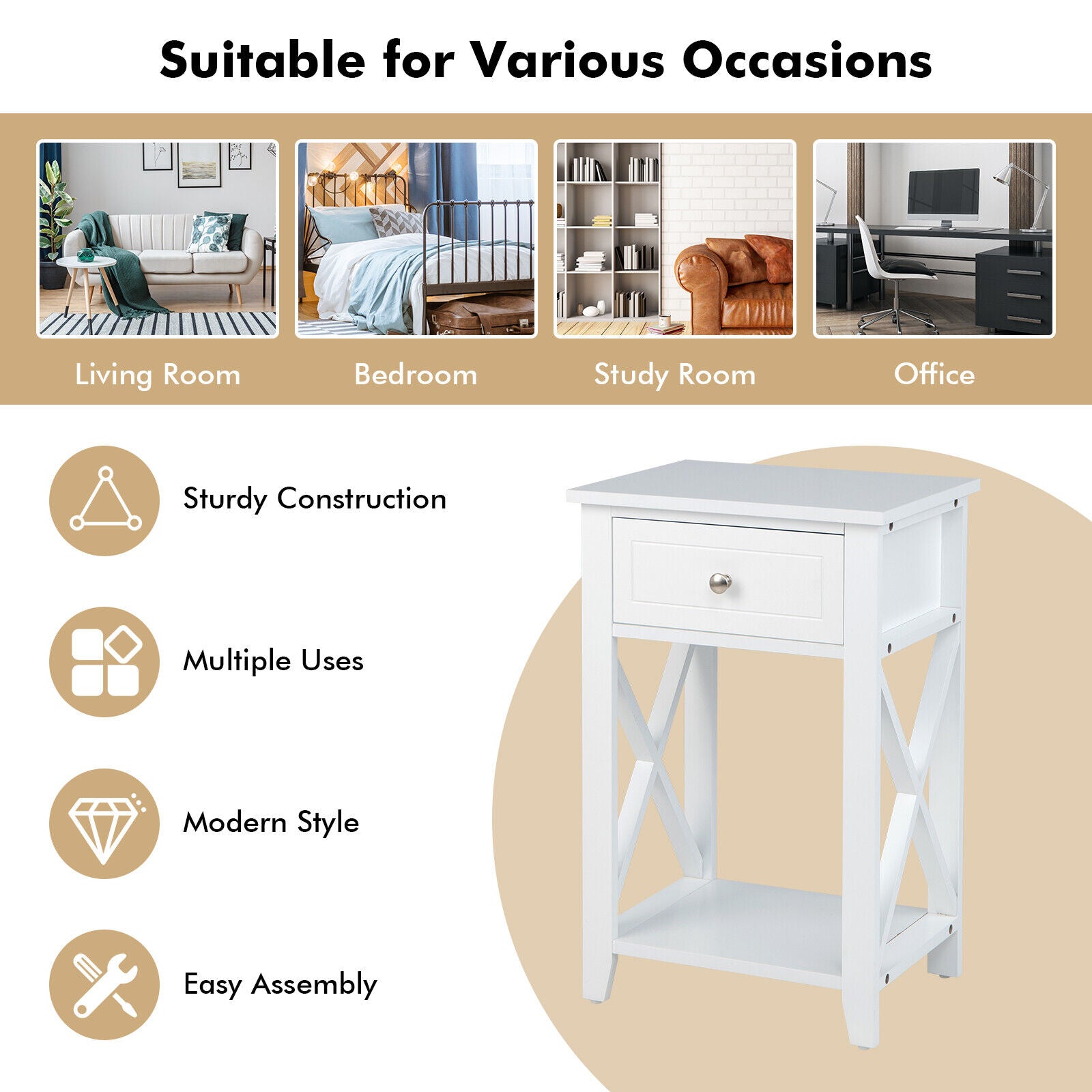 Storage End Bedside Drawer Nightstand, White End & Side Tables at Gallery Canada