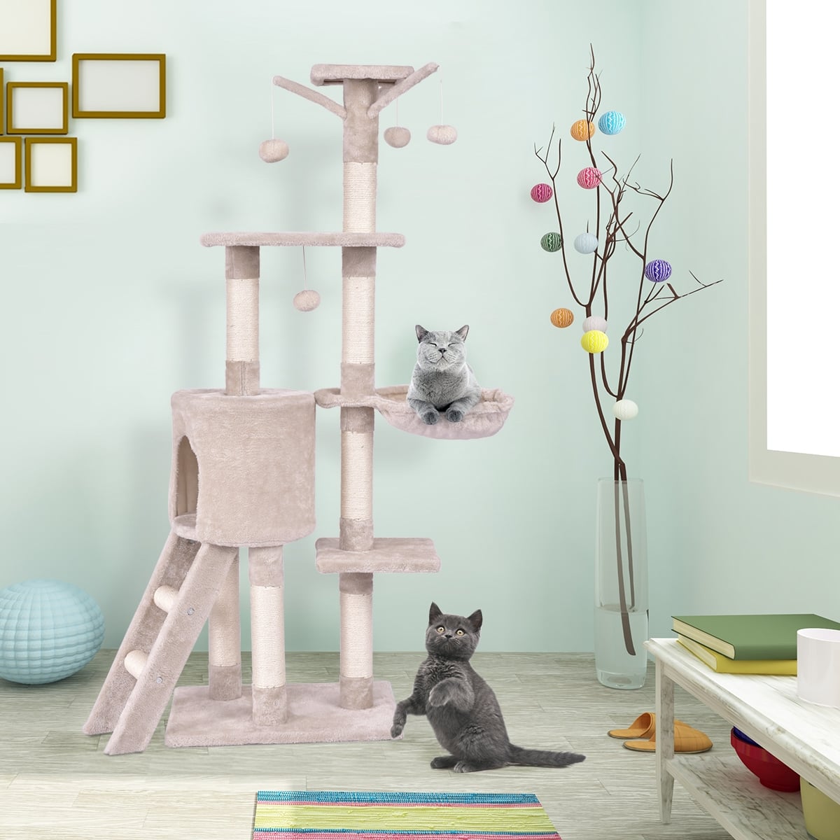 56 Inch Condo Scratching Posts Ladder Cat Play Tree, Beige Cat Trees Condos & Scratchers at Gallery Canada