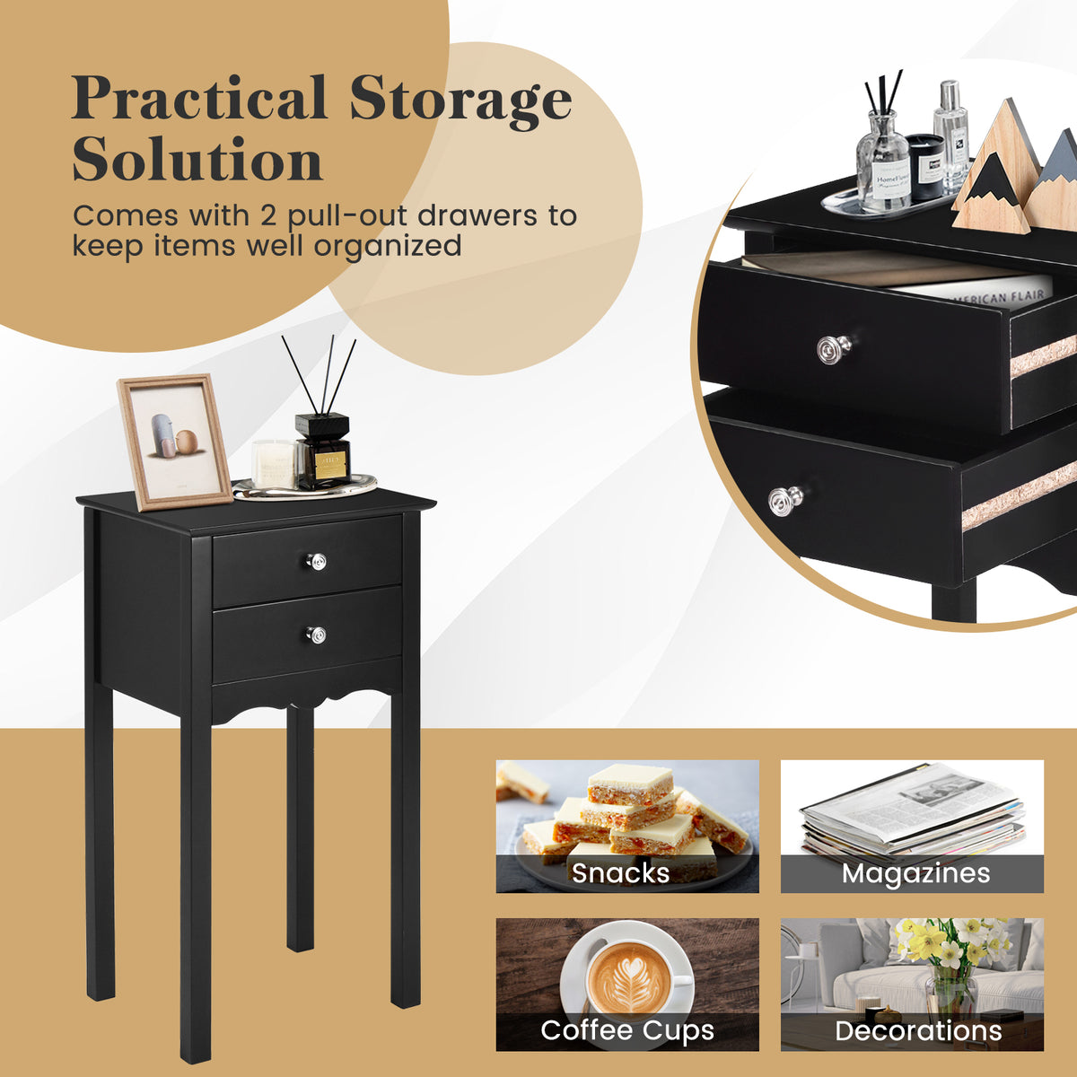 Vintage Side End Table, 2 Drawers, Black End & Side Tables at Gallery Canada
