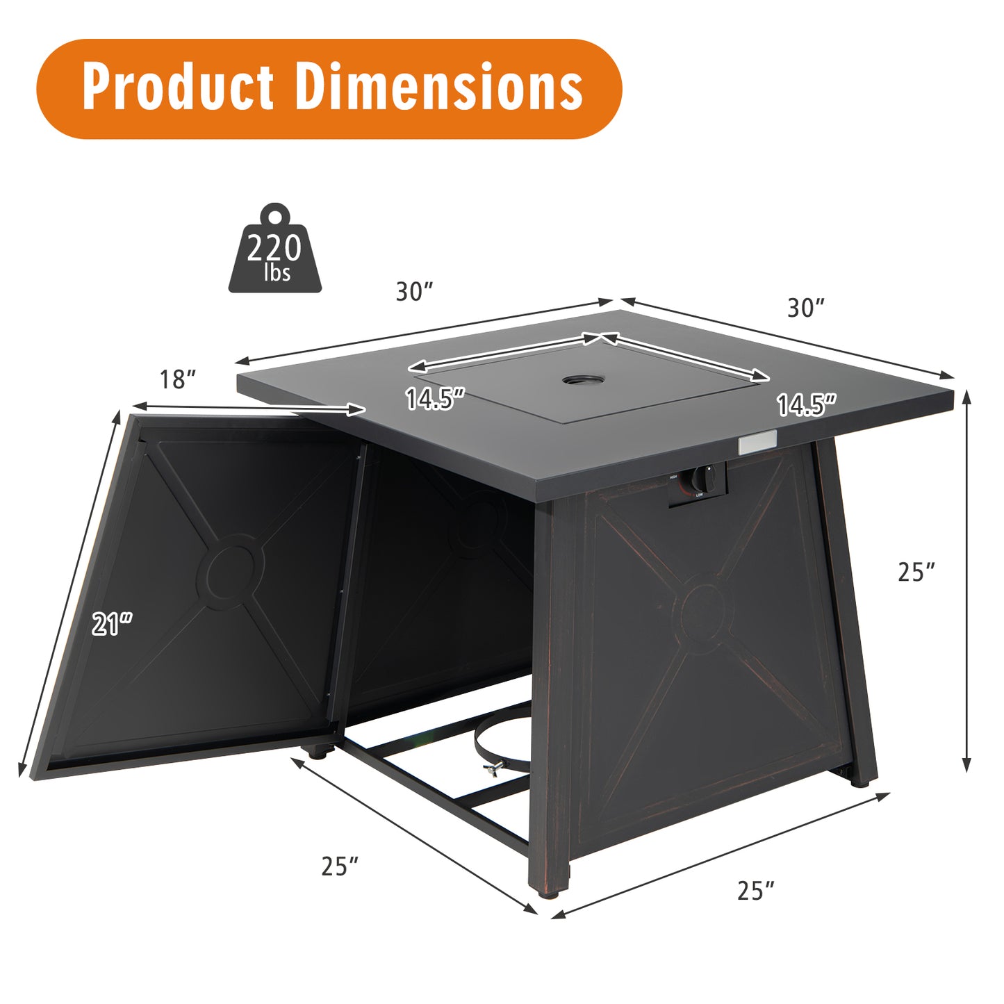 30 Inch Square Propane Gas Fire Table, Waterproof Cover, Black Fire Pits at Gallery Canada