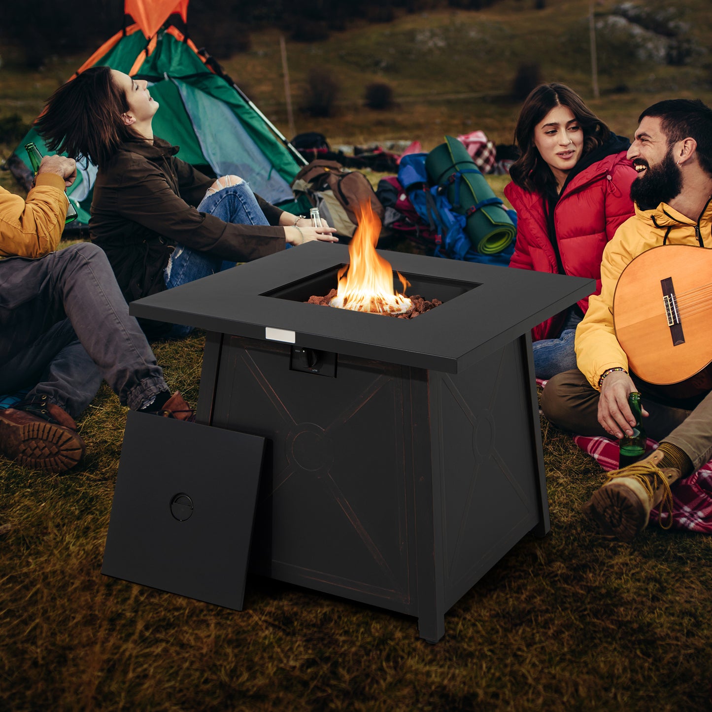 30 Inch Square Propane Gas Fire Table, Waterproof Cover, Black Fire Pits at Gallery Canada