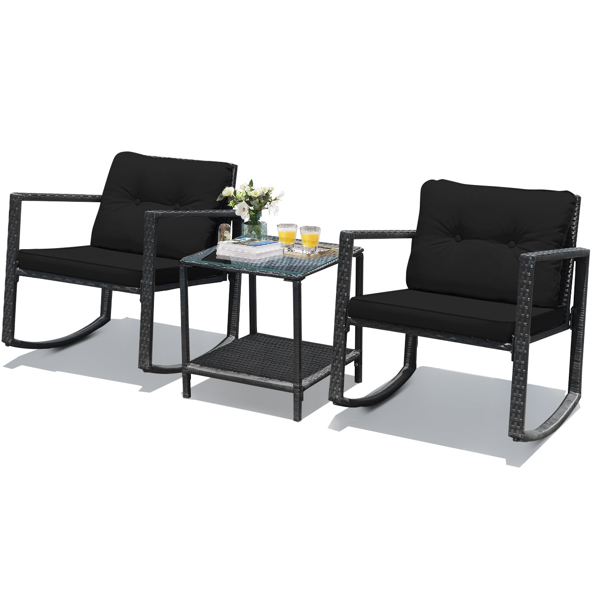 3 Piece Cushioned Patio Rattan Set, Rocking Chair, Table, Black Patio Conversation Sets at Gallery Canada
