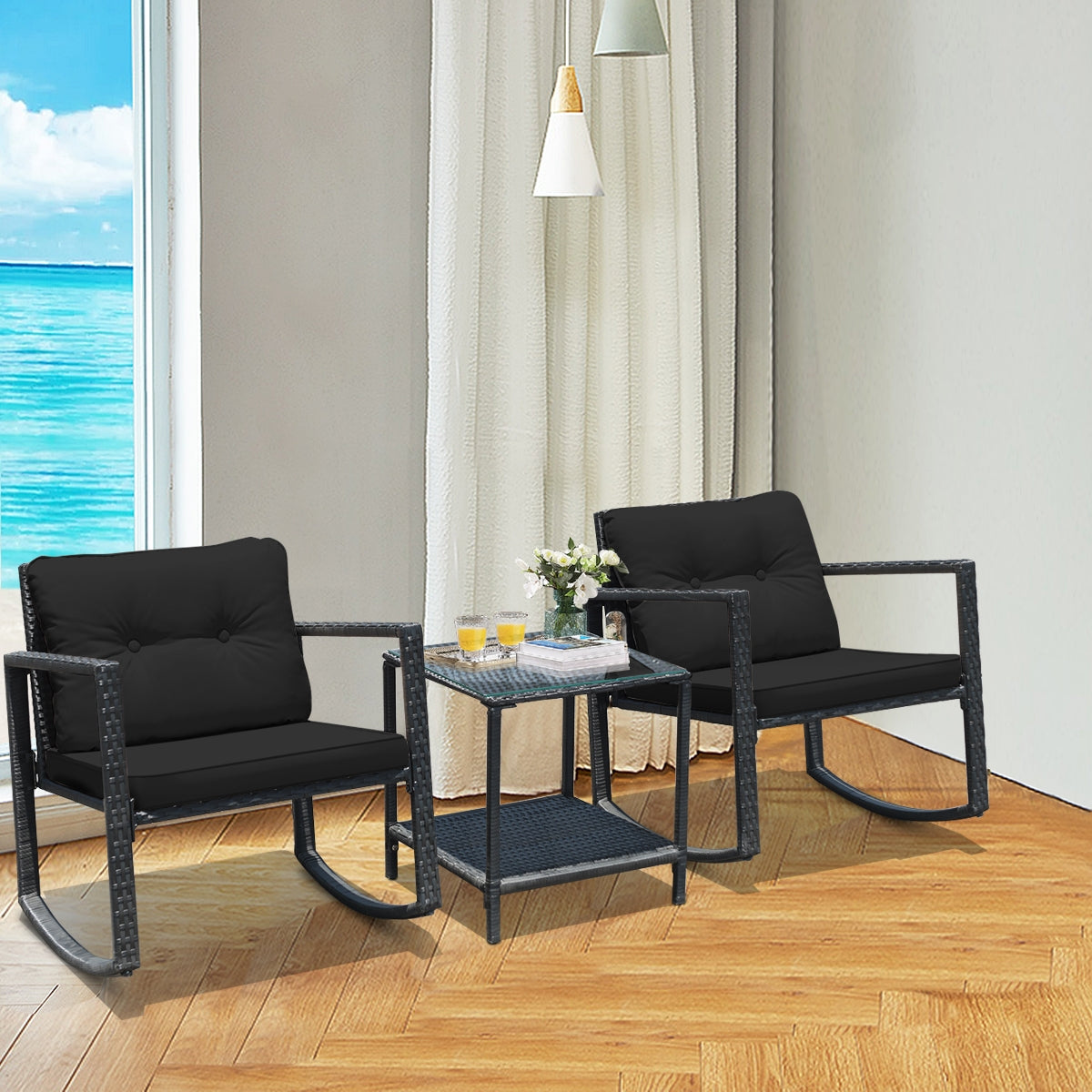 3 Piece Cushioned Patio Rattan Set, Rocking Chair, Table, Black Patio Conversation Sets at Gallery Canada