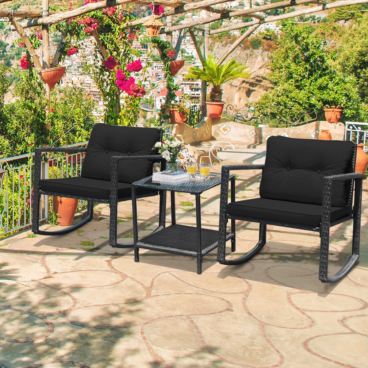 3 Piece Cushioned Patio Rattan Set, Rocking Chair, Table, Black Patio Conversation Sets at Gallery Canada
