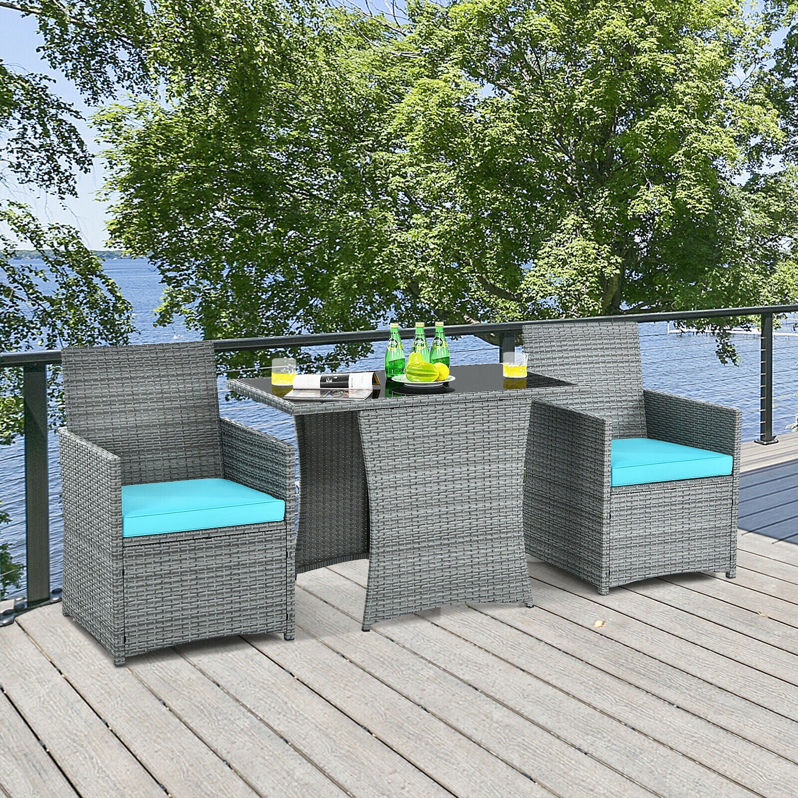 3 Piece Patio Rattan Furniture Set, Cushioned Armrest Sofa, Turquoise Patio Conversation Sets at Gallery Canada