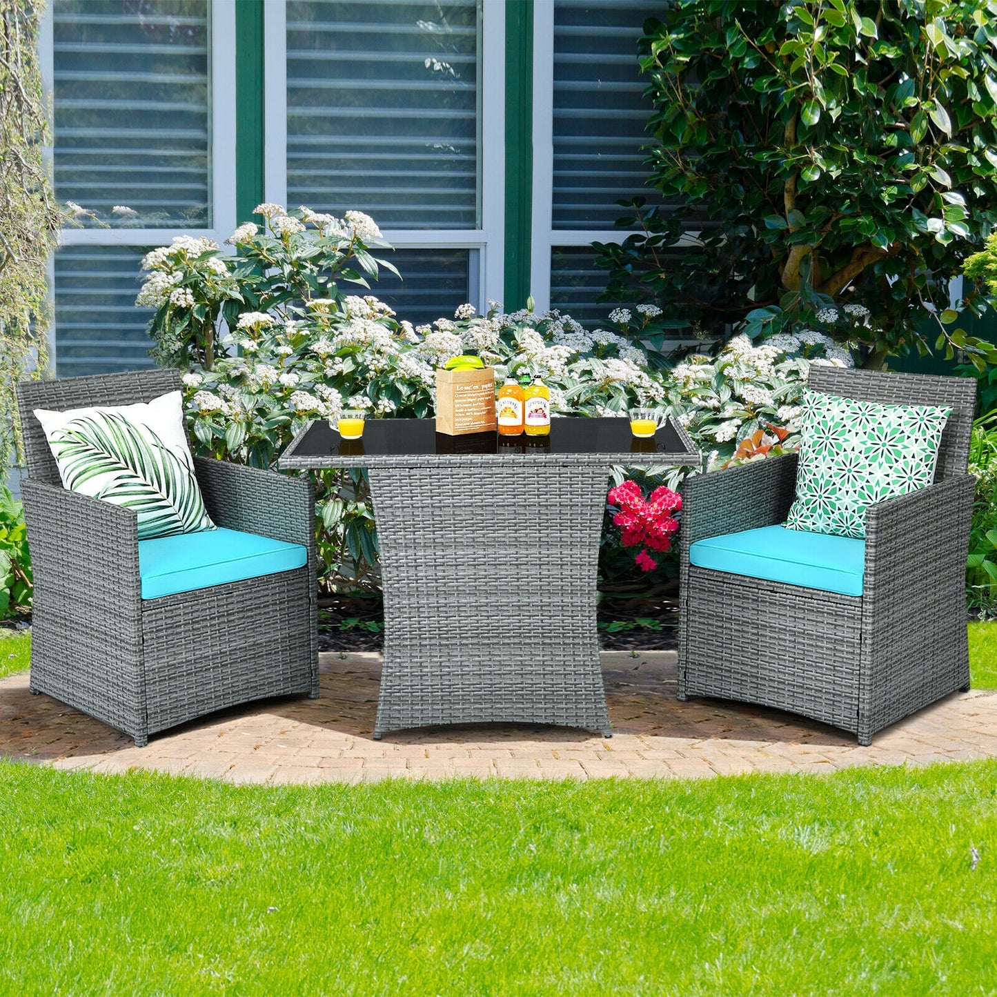 3 Piece Patio Rattan Furniture Set, Cushioned Armrest Sofa, Turquoise Patio Conversation Sets at Gallery Canada