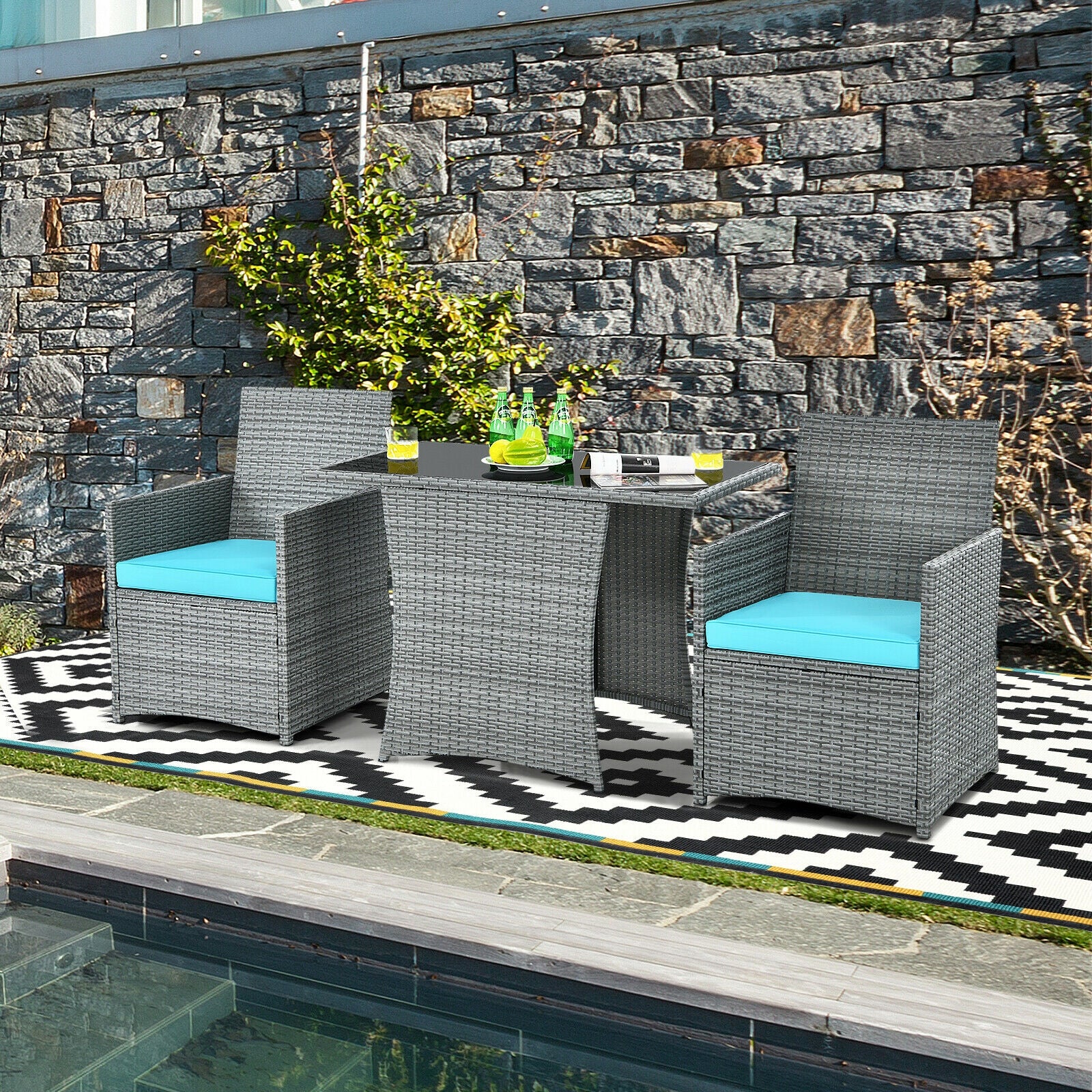 3 Piece Patio Rattan Furniture Set, Cushioned Armrest Sofa, Turquoise Patio Conversation Sets at Gallery Canada