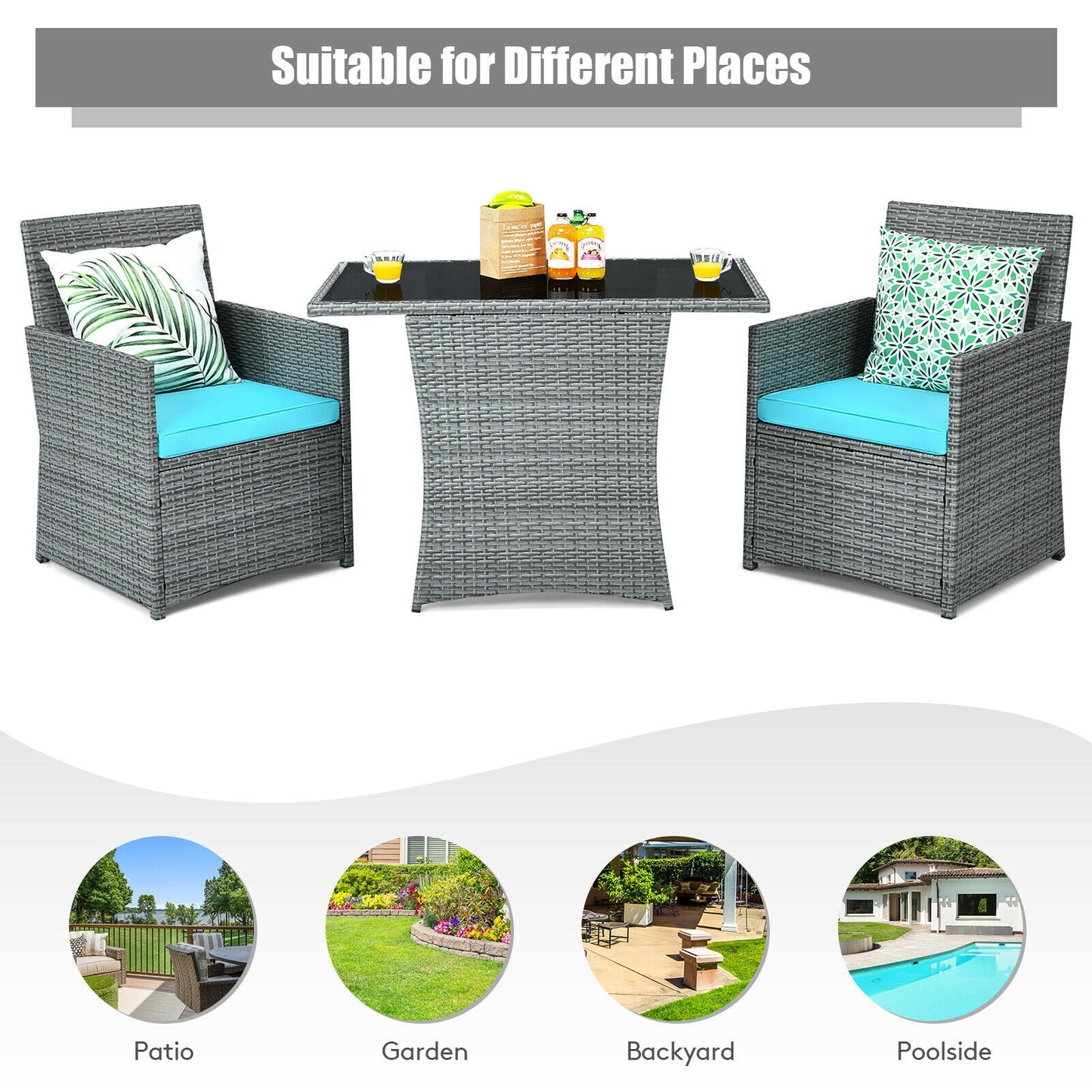 3 Piece Patio Rattan Furniture Set, Cushioned Armrest Sofa, Turquoise Patio Conversation Sets at Gallery Canada