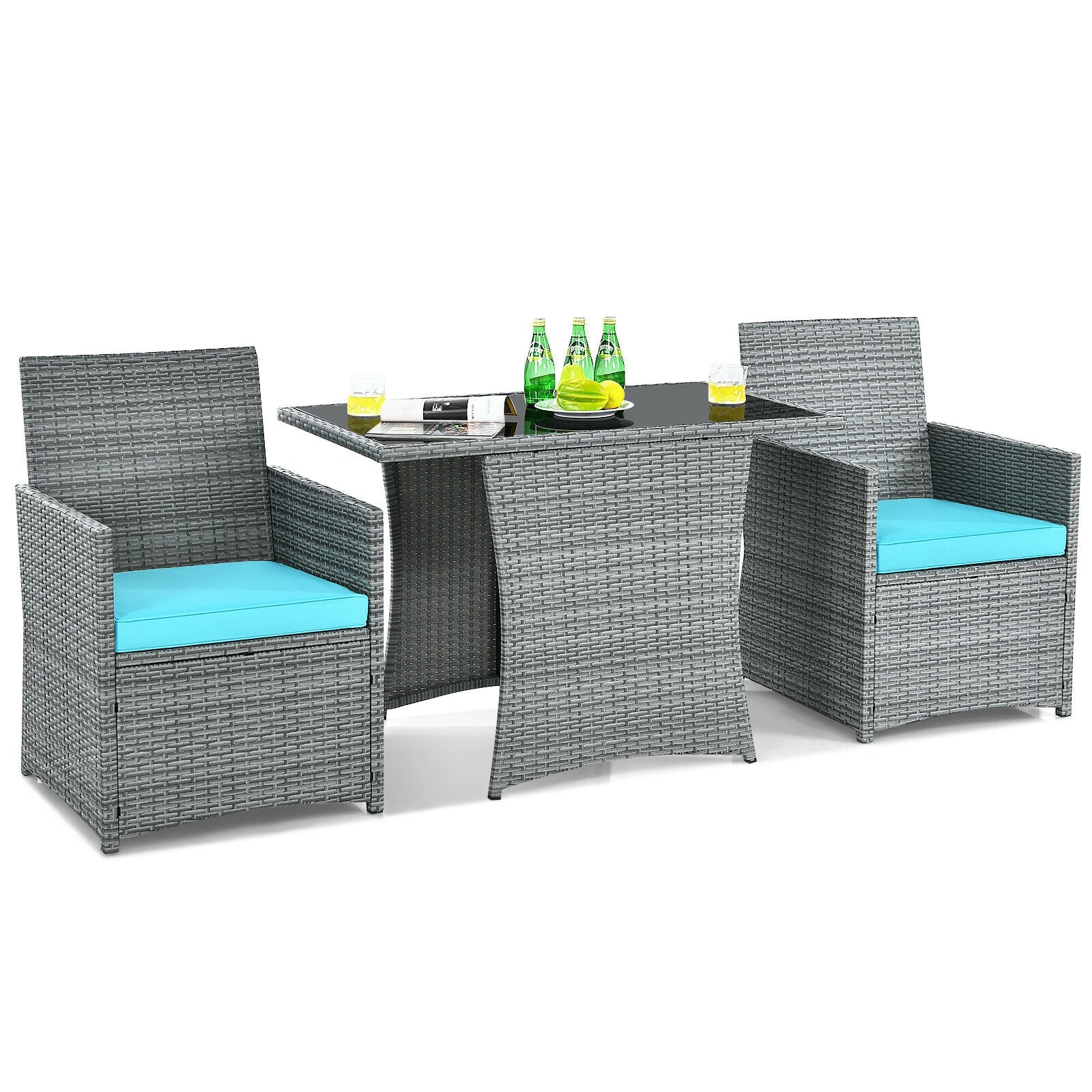 3 Piece Patio Rattan Furniture Set, Cushioned Armrest Sofa, Turquoise Patio Conversation Sets at Gallery Canada