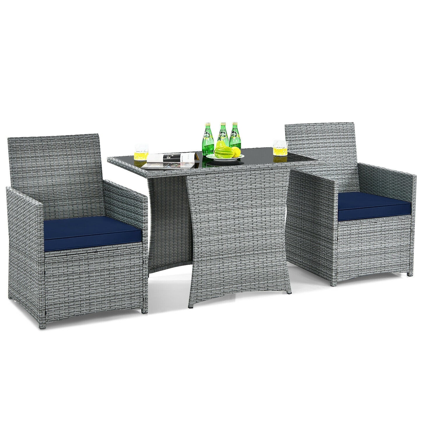 3-Piece Patio Rattan Furniture Set, Cushioned Armrest Sofa, Navy Patio Conversation Sets at Gallery Canada