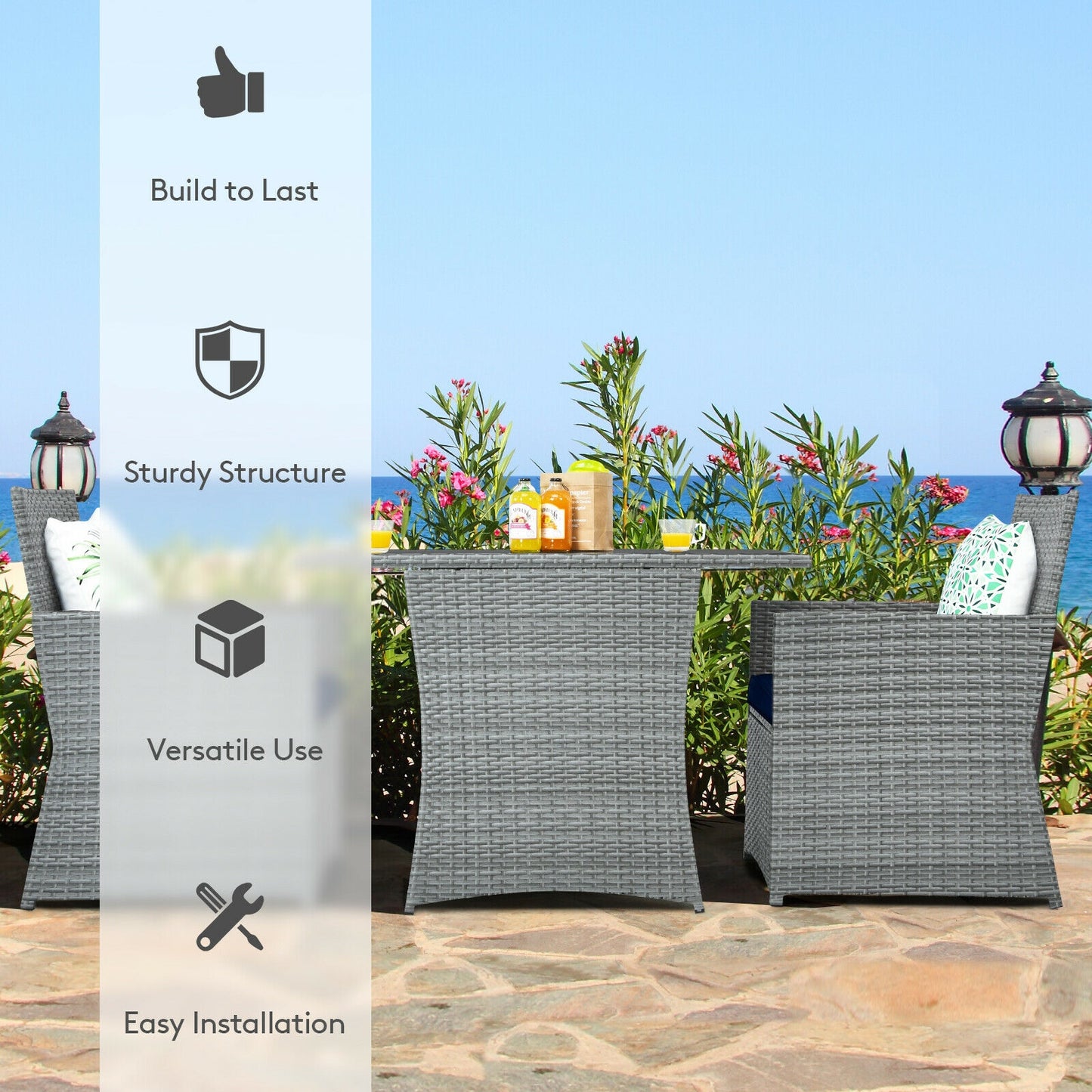 3-Piece Patio Rattan Furniture Set, Cushioned Armrest Sofa, Navy Patio Conversation Sets at Gallery Canada