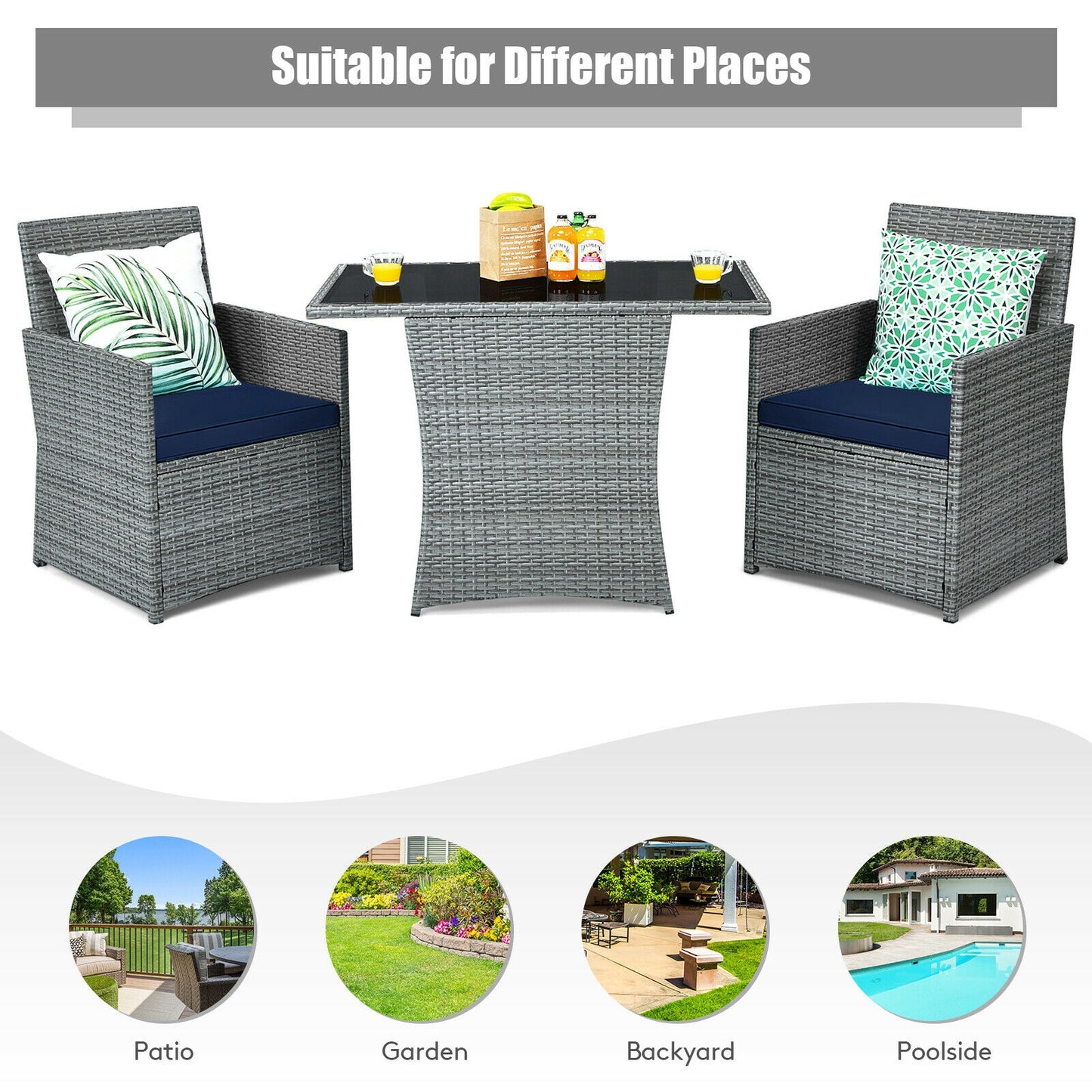 3-Piece Patio Rattan Furniture Set, Cushioned Armrest Sofa, Navy Patio Conversation Sets at Gallery Canada