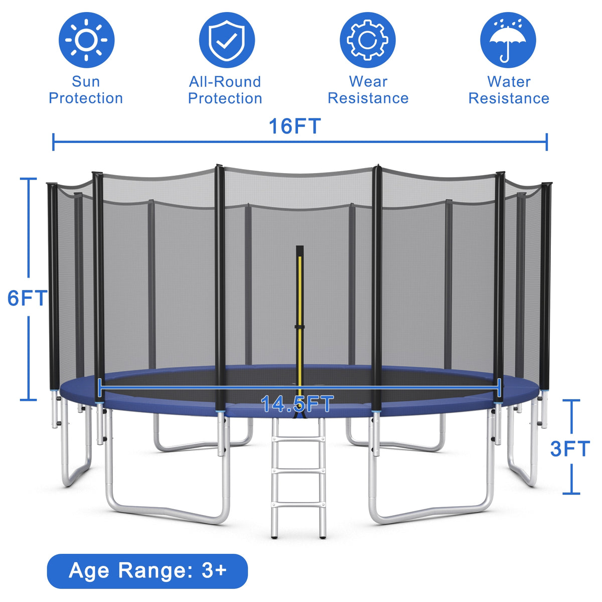 16 Ft Outdoor Trampoline, With Safety Net And Ladder, Black Trampolines at Gallery Canada