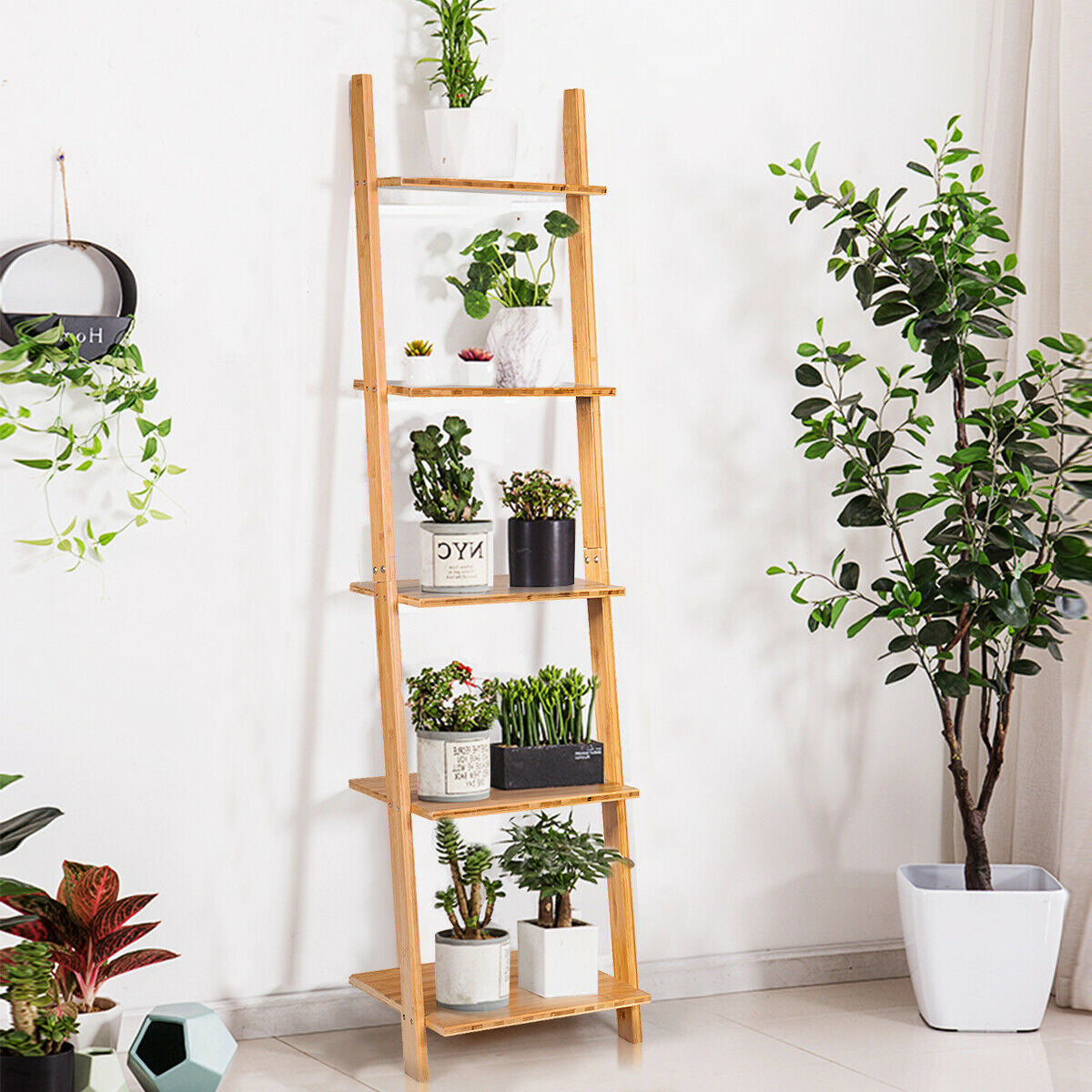 5-Tier Ladder Shelf, Modern Bamboo Leaning Bookshelf, Natural Bookcases at Gallery Canada