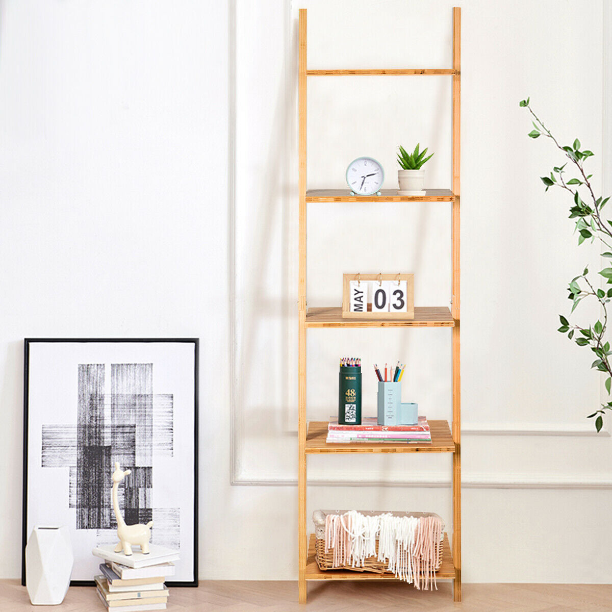 5-Tier Ladder Shelf, Modern Bamboo Leaning Bookshelf, Natural Bookcases at Gallery Canada