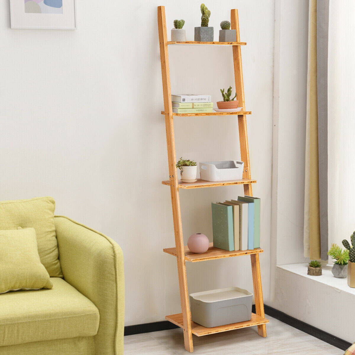 5-Tier Ladder Shelf, Modern Bamboo Leaning Bookshelf, Natural Bookcases at Gallery Canada