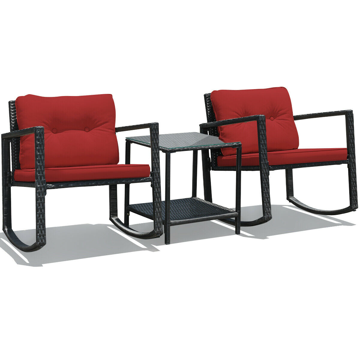 3 Pcs Wicker Rocking Bistro Set, Glass Coffee Table, Storage Shelf, Red Patio Conversation Sets at Gallery Canada