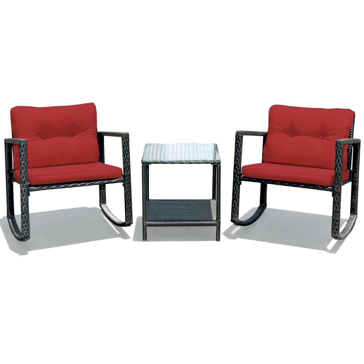 3 Pcs Wicker Rocking Bistro Set, Glass Coffee Table, Storage Shelf, Red Patio Conversation Sets Red at Gallery Canada