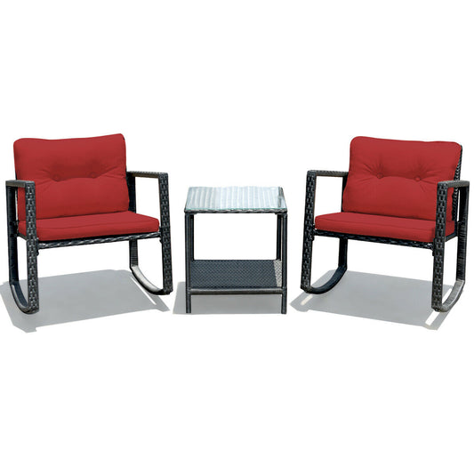 3 Pcs Wicker Rocking Bistro Set, Glass Coffee Table, Storage Shelf, Red Patio Conversation Sets Red at Gallery Canada