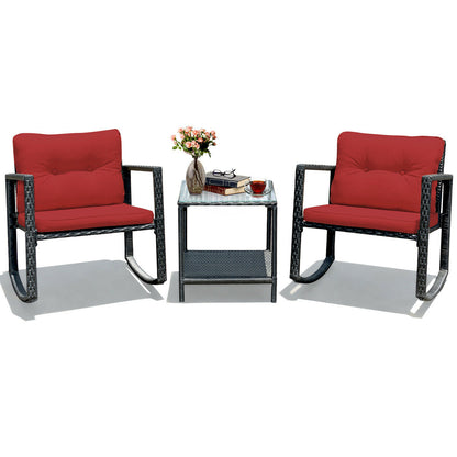 3 Pcs Wicker Rocking Bistro Set, Glass Coffee Table, Storage Shelf, Red Patio Conversation Sets at Gallery Canada