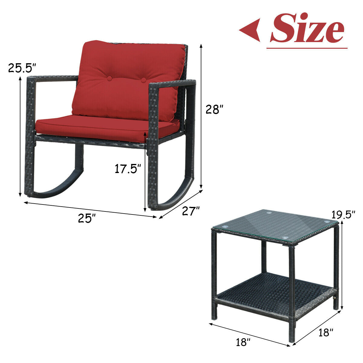 3 Pcs Wicker Rocking Bistro Set, Glass Coffee Table, Storage Shelf, Red Patio Conversation Sets at Gallery Canada
