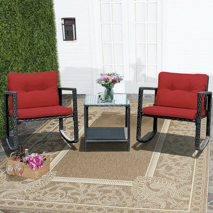 3 Pcs Wicker Rocking Bistro Set, Glass Coffee Table, Storage Shelf, Red Patio Conversation Sets at Gallery Canada