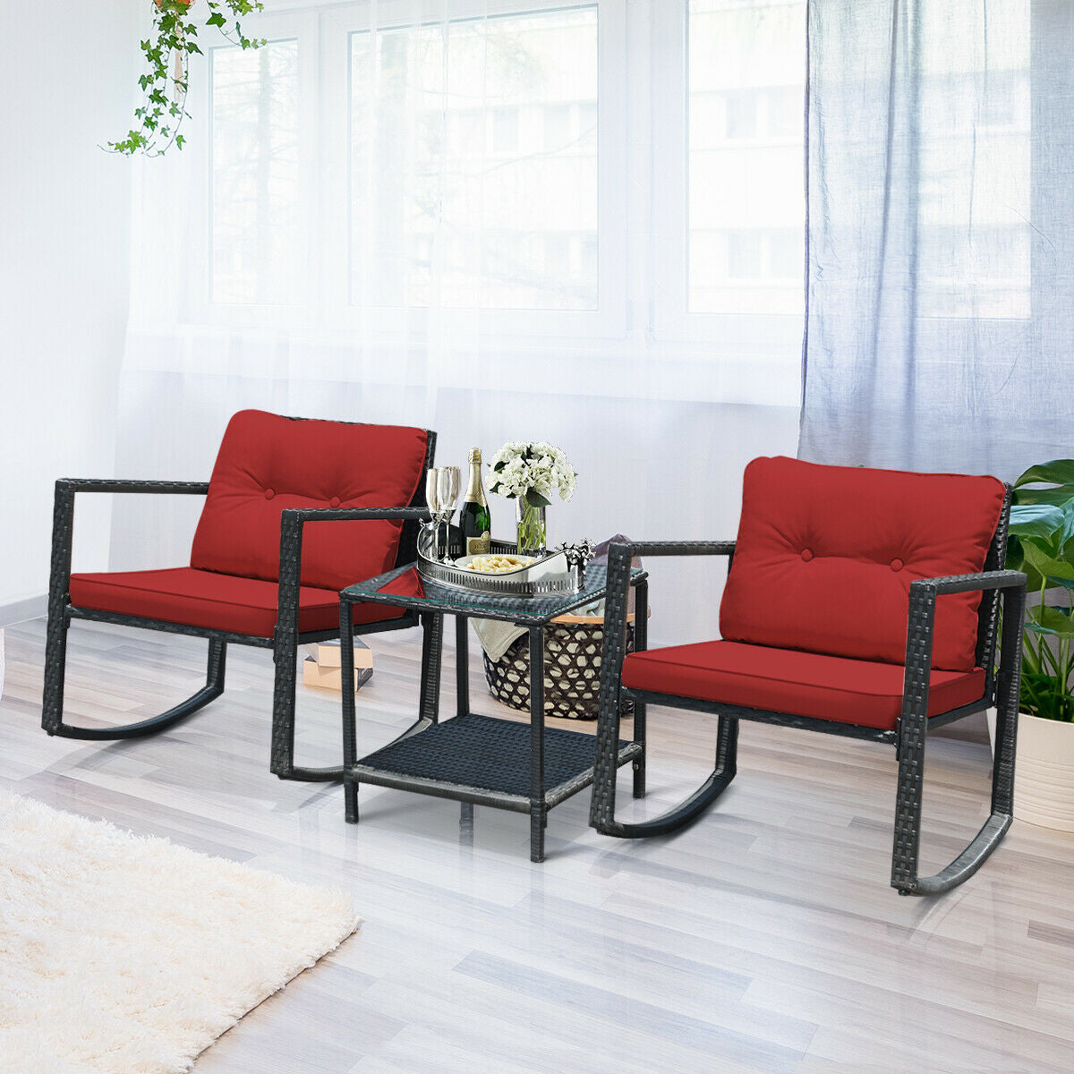 3 Pcs Wicker Rocking Bistro Set, Glass Coffee Table, Storage Shelf, Red Patio Conversation Sets at Gallery Canada