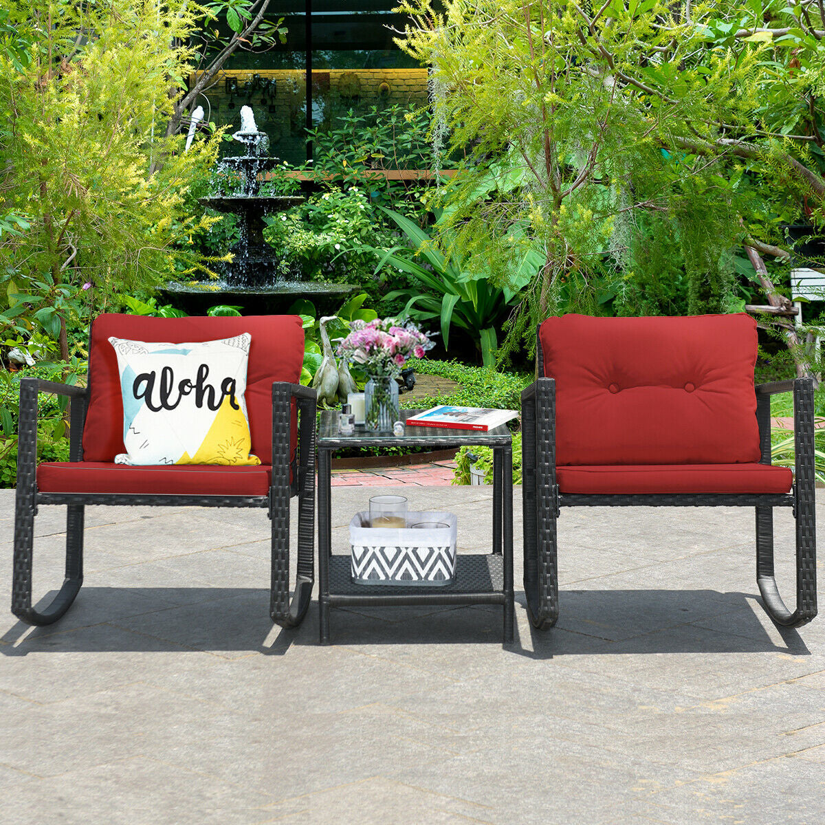 3 Pcs Wicker Rocking Bistro Set, Glass Coffee Table, Storage Shelf, Red Patio Conversation Sets at Gallery Canada