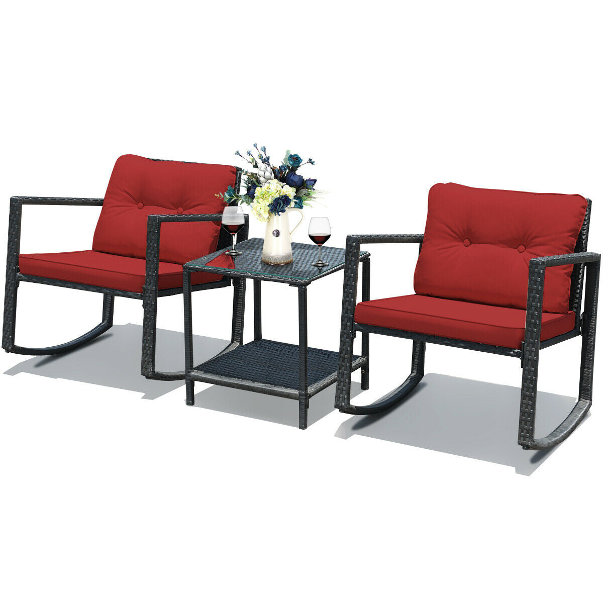 3 Pcs Wicker Rocking Bistro Set, Glass Coffee Table, Storage Shelf, Red Patio Conversation Sets at Gallery Canada