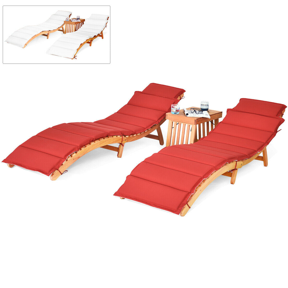 Wooden Folding Patio Lounge Chair Table Set, 3 Pieces, Red Patio Conversation Sets at Gallery Canada