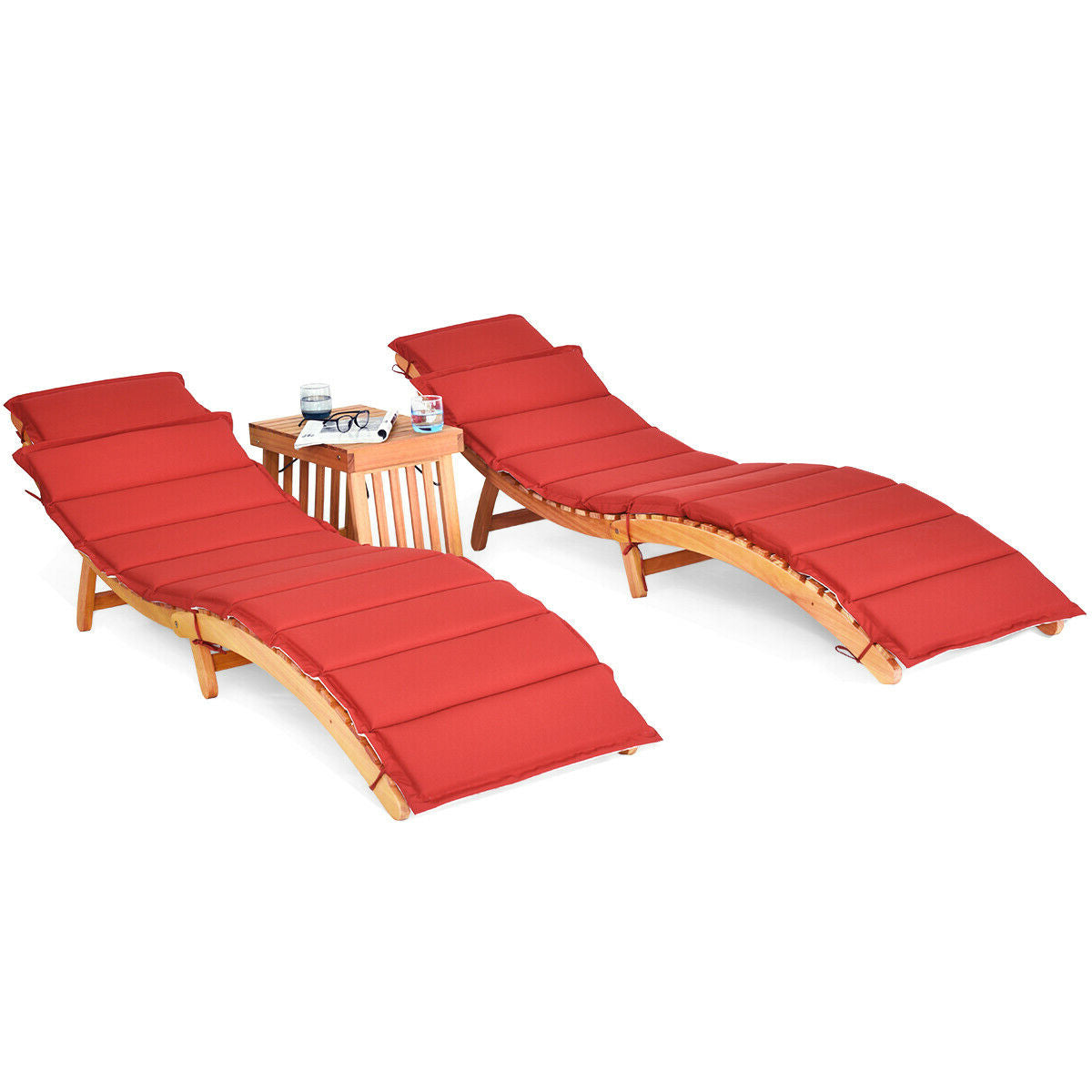Wooden Folding Patio Lounge Chair Table Set, 3 Pieces, Red Patio Conversation Sets Red at Gallery Canada