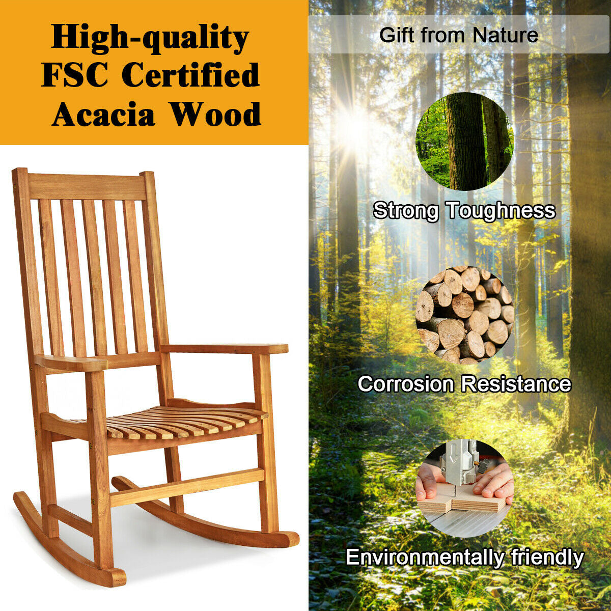 Wooden High Back Rocking Chair, Indoor Outdoor, Natural Patio Rocking Chairs & Gliders at Gallery Canada