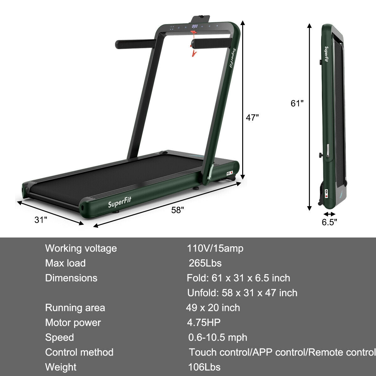 4.75HP 2 In 1 Folding Treadmill, Remote APP Control, Green Treadmills at Gallery Canada